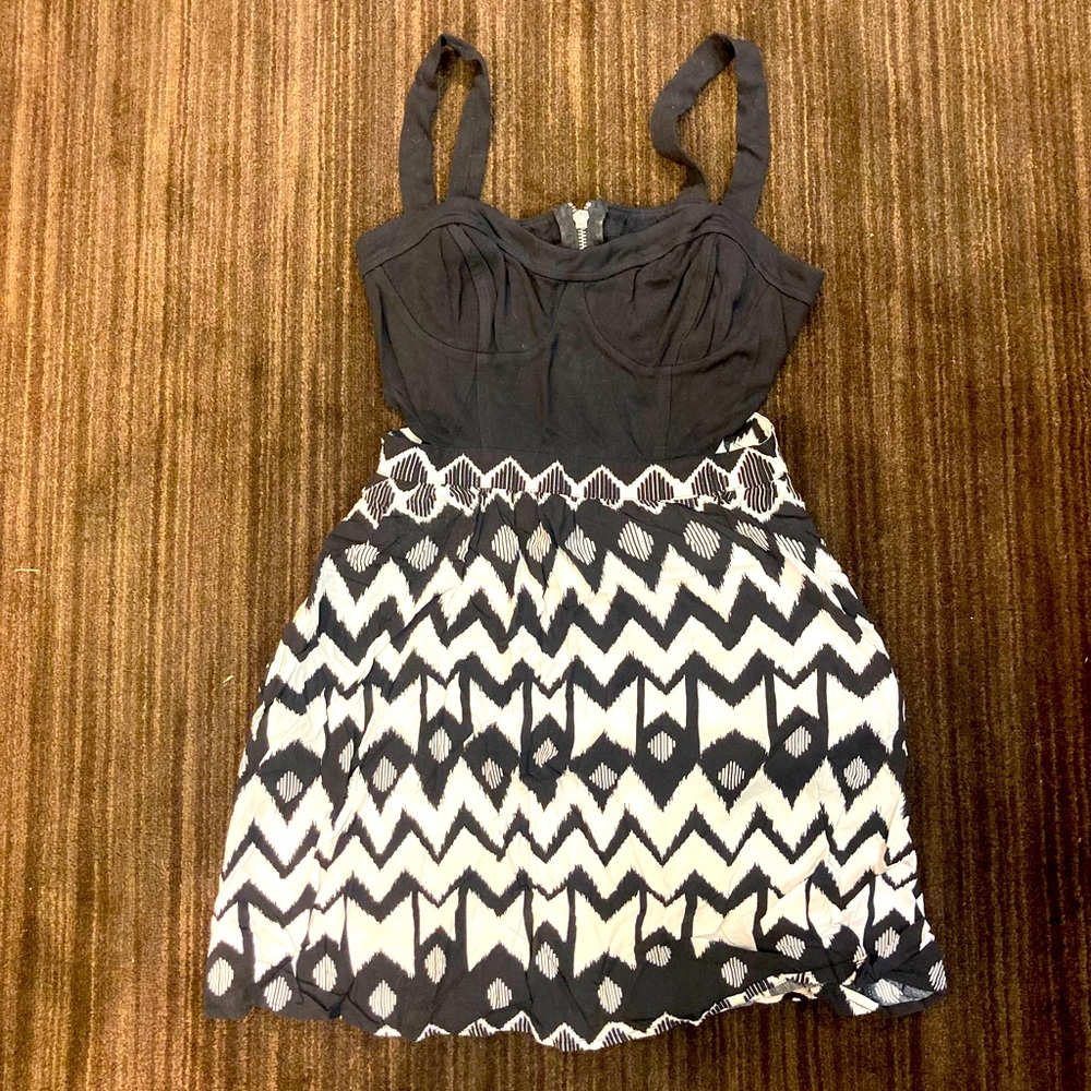 Black and White Aztec Print Cut-out Dress